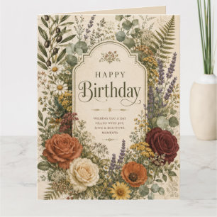 Birthday Greeting with Wildflowers ,Olive Branches Card