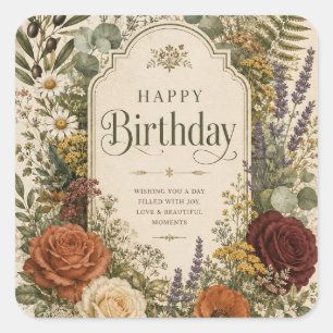 Birthday Greeting with Wildflowers ,Olive Branches Square Sticker