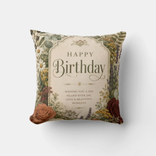 Birthday Greeting with Wildflowers ,Olive Branches Throw Pillow