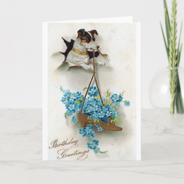 Birthday Greetings Cute Dog and Shoe Vintage Card (Front)