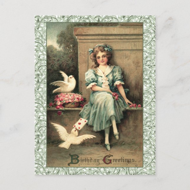 Birthday Greetings Girl & Doves Postcard (Front)