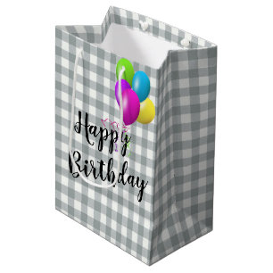 Birthday Grey and White Gingham Medium Gift Bag