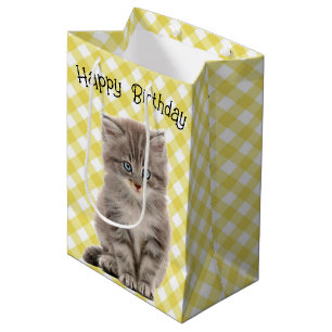 Birthday Grey Kitten On Gingham Medium Gift Bag
