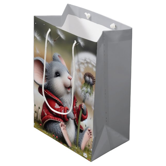 Birthday Grey Mouse With Fluffy Dandelion Medium Gift Bag (Front Angled)