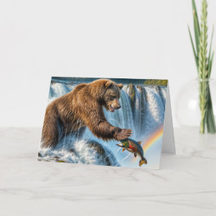 Birthday Grizzly Bear Catching a Salmon Card