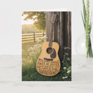 Birthday Guitar Leaning on a Barn with Quote Card