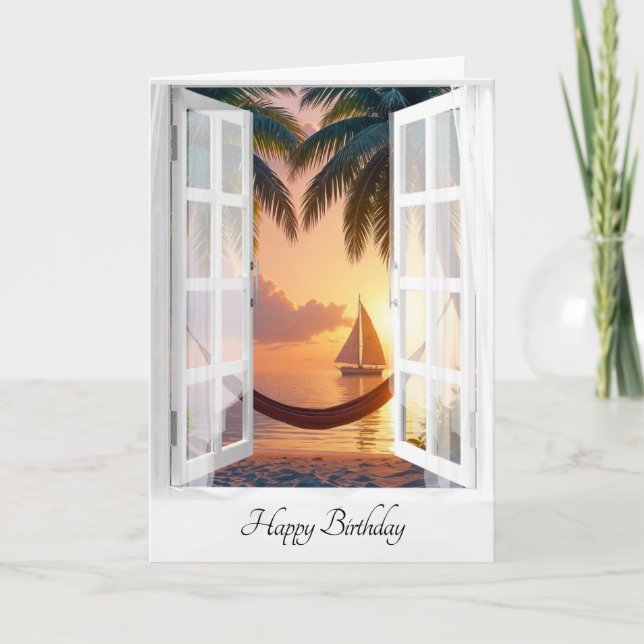 Birthday Hammock With Ocean View In Window Card (Front)