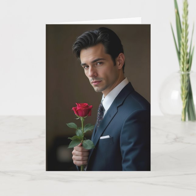 Birthday Handsome Man With a Red Rose Card (Front)