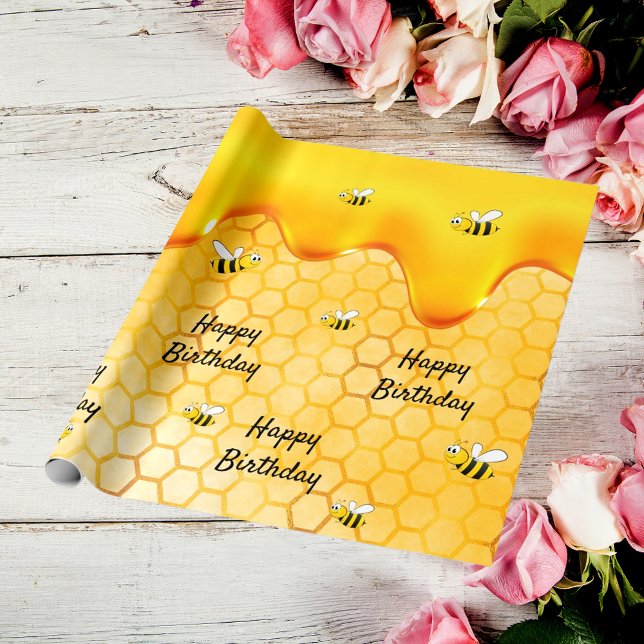 Birthday happy bumble bees honeycomb dripping wrapping paper (Creator Uploaded)