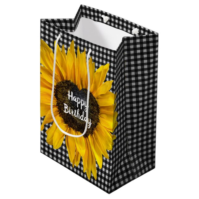 Birthday Heart Sunflower On Gingham  Medium Gift Bag (Front Angled)