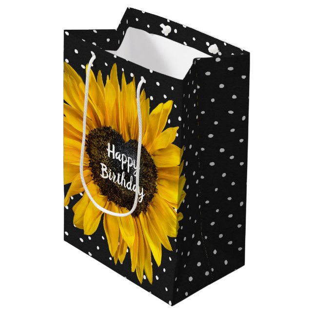 Birthday Heart Sunflower On Polka Dots Medium Gift Bag (Front Angled)