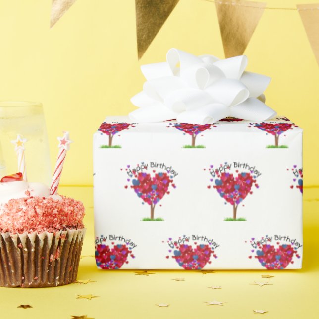 Birthday Heart Tree On White Wrapping Paper (Birthday Party)