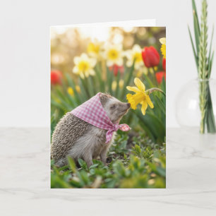 Birthday Hedgehog Sniffing a Yellow Daffodil Card