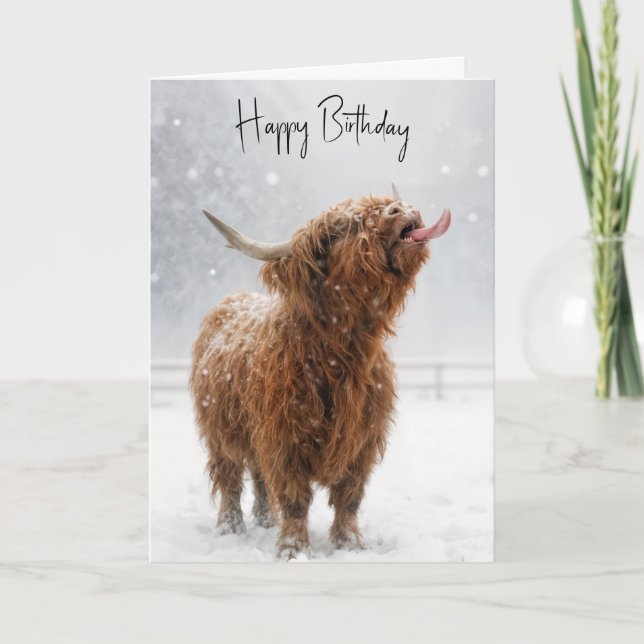 Birthday Highland Cow Licking Snowflakes Card (Front)