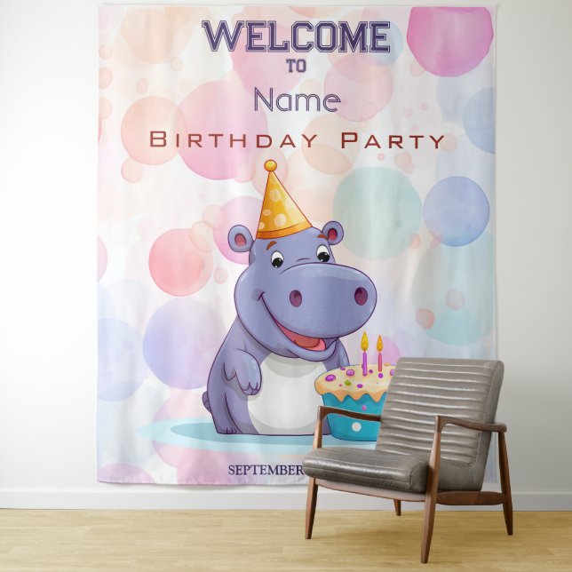 Birthday Hippo Party Backdrop Tapestry (In Situ)