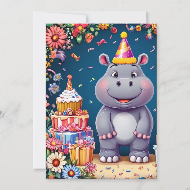 Birthday hippo with cake and balloons invitation (Front)