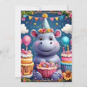 Birthday hippo with cake and balloons invitation