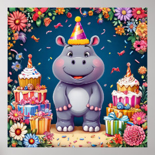 Birthday hippo with cake and balloons poster