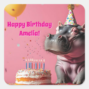 Birthday Hippo with Cake and Balloons Square Sticker