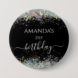 Birthday holographic glitter custom name black 3 inch round button