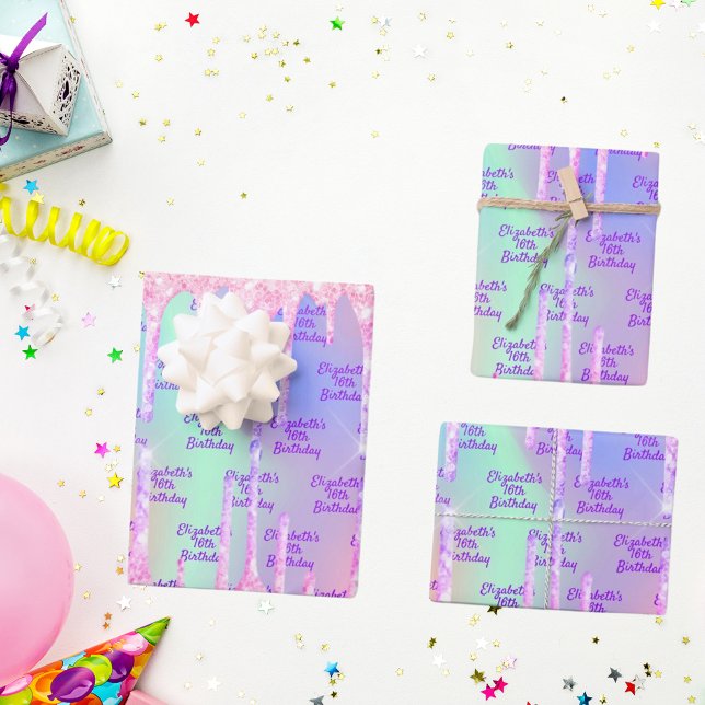 Birthday holographic pink glitter drips name wrapping paper sheet (Creator Uploaded)