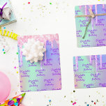Birthday holographic pink glitter drips name wrapping paper sheet<br><div class="desc">For a feminine and glamourous Sweet 16, 16th (or any age) birthday. A rainbow, unicorn holographic background in pink, purple, rose gold and mint green with faux glitter drips, paint dripping look. Personalize and add a date, name and age 16. The name is written with a trendy hand lettered style...</div>