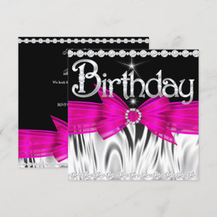 Birthday  Hot Pink Bow Black Silver Party Invitation