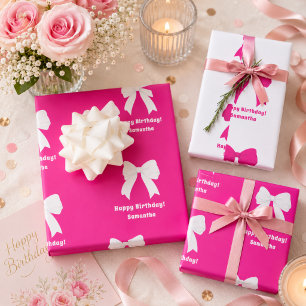 Birthday hot pink bow white girl wrapping paper sheet