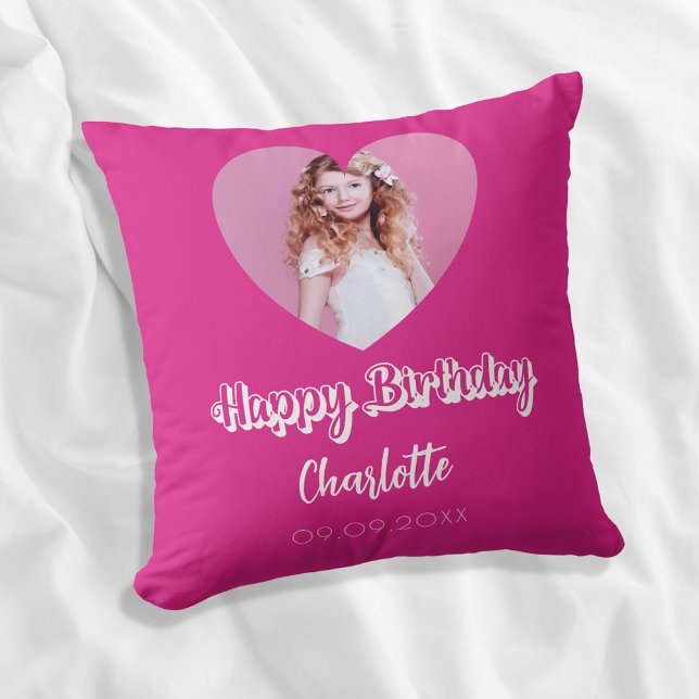 Birthday hot pink photo name script girl throw pillow (Creator Uploaded)