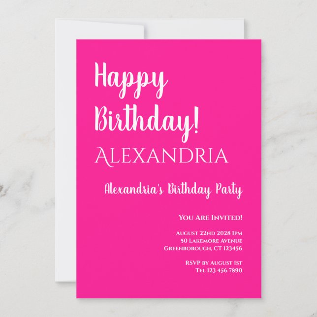 Birthday Hot Pink White Typography Happy Birthday Invitation (Front)