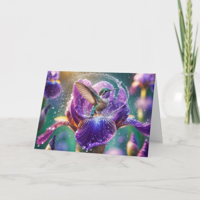 Birthday Hummingbird Splashing In an Iris Card (Front)