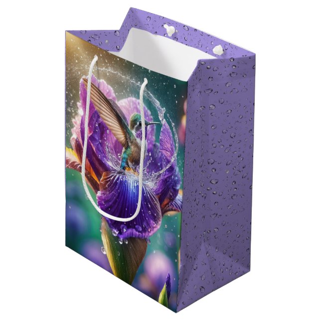 Birthday Hummingbird Splashing In an Iris Medium Gift Bag (Front Angled)
