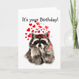 Birthday Humor Cute Raccoon Love Hearts Card