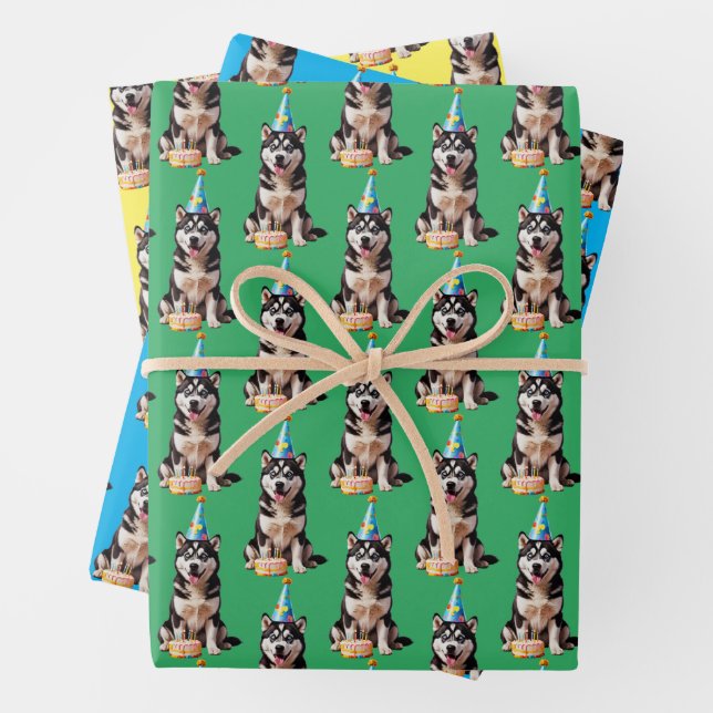 Birthday Husky Dog Wrapping Paper Sheet (In situ)