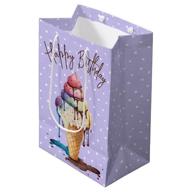 Birthday Ice Cream Cone On Polka Dots Medium Gift Bag (Front Angled)
