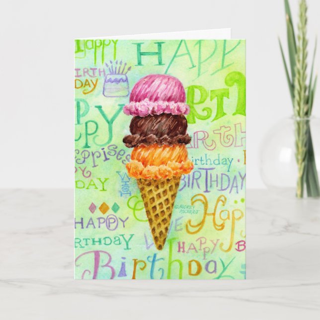 Birthday Ice Cream Cone Three Scoops Card (Front)