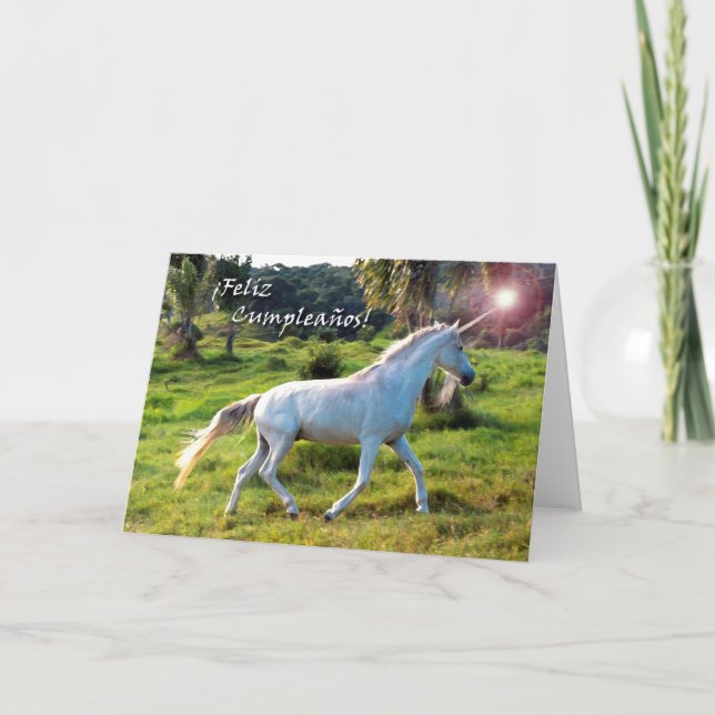 Birthday in Spanish, Magical Unicorn Running Card (Front)