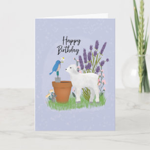 Birthday in the Garden with Sheep and Bird Card