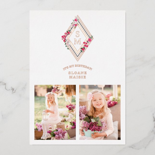 Birthday Initials 2 Photos Rose Gold Effect Floral (Front)