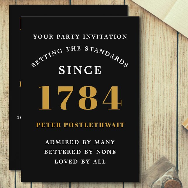 Birthday Invitation Black Gold Any Year For Him (Any age birthday invitation in black and gold with easily edited text.)