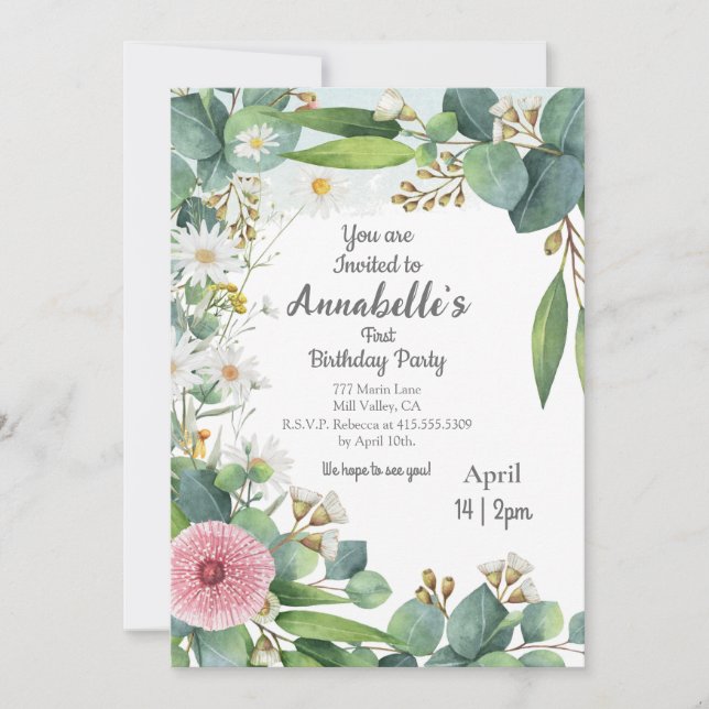 Birthday invitation botanical themed eucalyptus (Front)