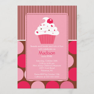 Birthday Invitation Cute Cherry Cupcake Pink Brown