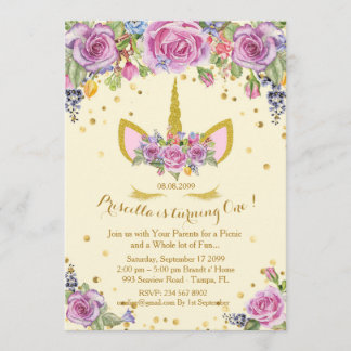 Birthday invitation girl,unicorn,flowers,Ivory