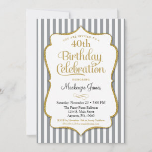 Birthday Invitation Grey Gold Adult Stripes