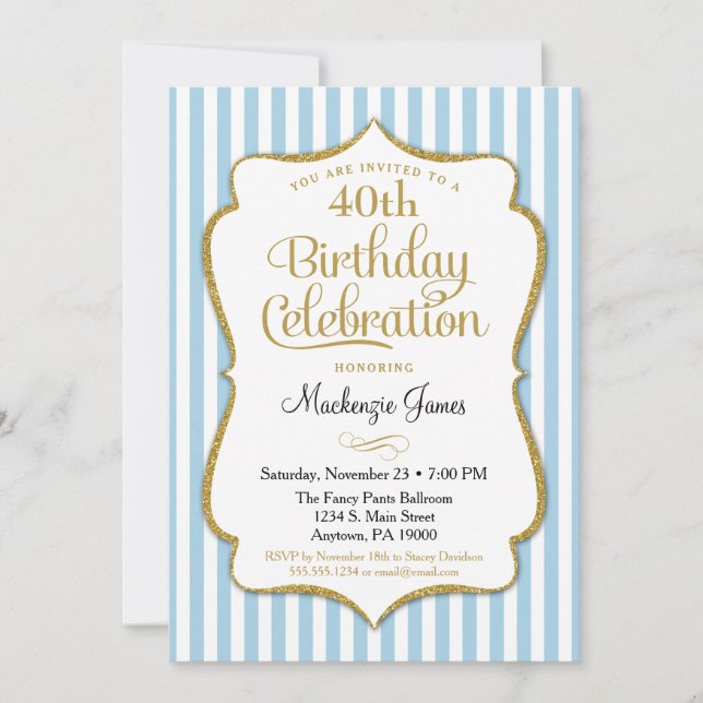 Birthday Invitation Light Blue Gold Adult Teen (Front)