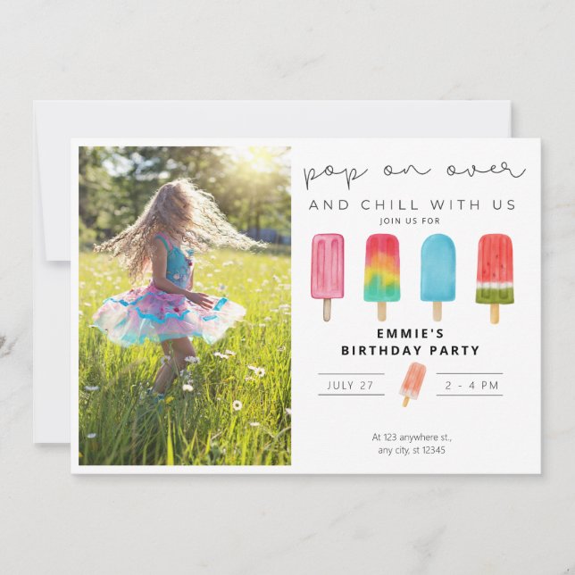Birthday Invitation Photo Pop On Over Popsicles  (Front)