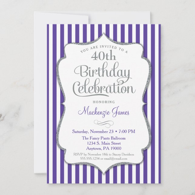 Birthday Invitation Purple Silver Adult (Front)
