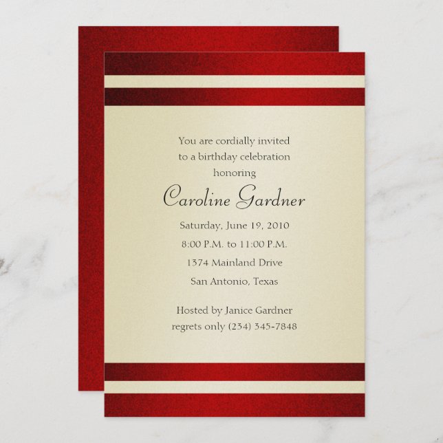 Birthday Invitation Red and Ivory (Front/Back)