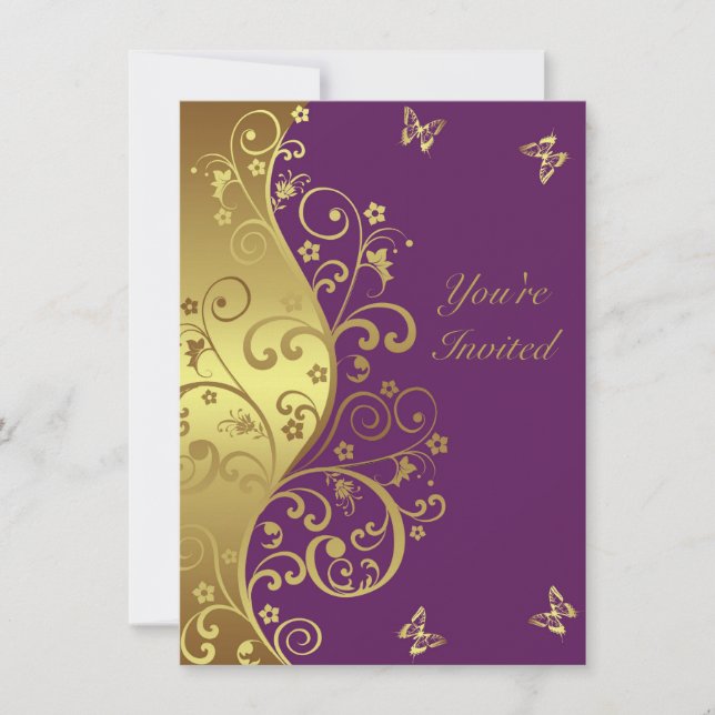 Birthday Invitation--Red Violet & Gold Swirls Invitation (Front)