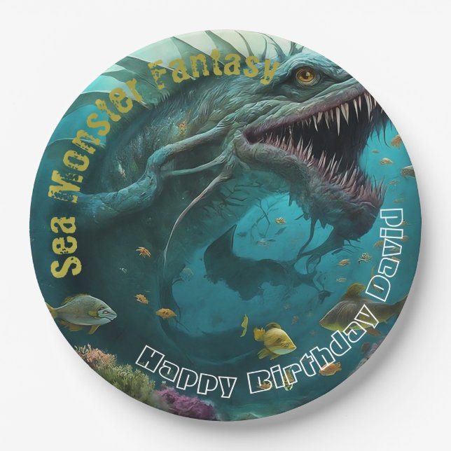 Birthday Invitation Sea Monster Fantacy Paper Plate (Front)